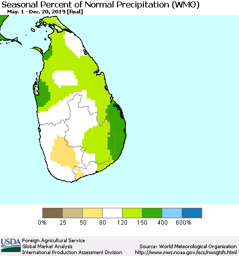 Sri Lanka Seasonal Percent of Normal Precipitation (WMO) Thematic Map For 5/1/2019 - 12/20/2019