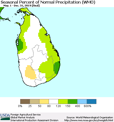 Sri Lanka Seasonal Percent of Normal Precipitation (WMO) Thematic Map For 5/1/2019 - 12/31/2019