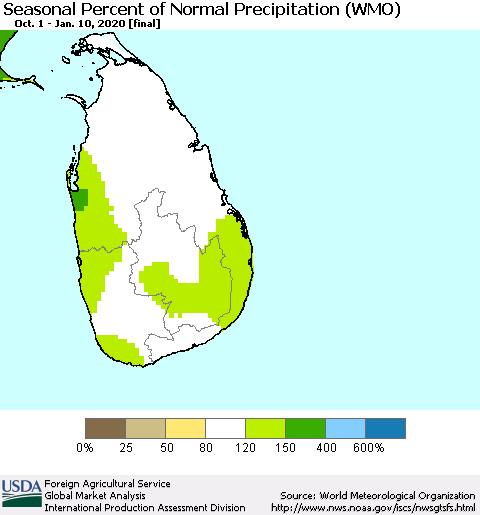 Sri Lanka Seasonal Percent of Normal Precipitation (WMO) Thematic Map For 10/1/2019 - 1/10/2020