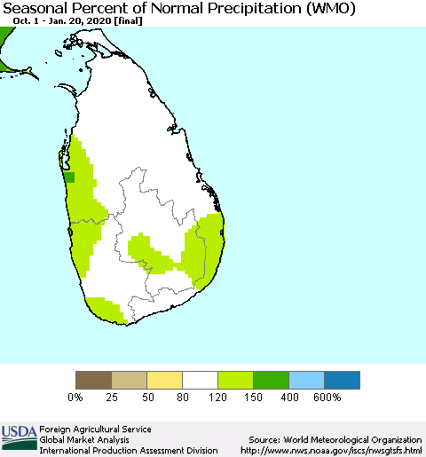 Sri Lanka Seasonal Percent of Normal Precipitation (WMO) Thematic Map For 10/1/2019 - 1/20/2020