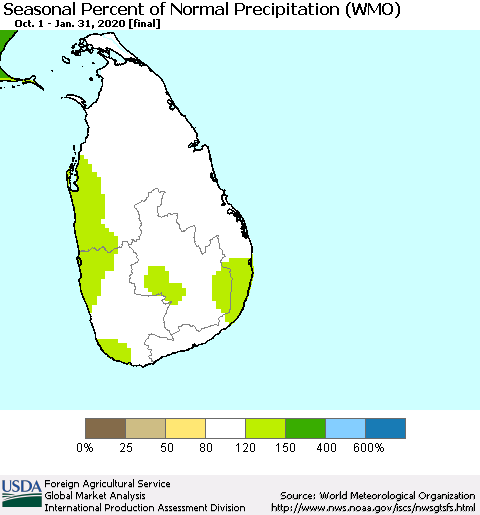 Sri Lanka Seasonal Percent of Normal Precipitation (WMO) Thematic Map For 10/1/2019 - 1/31/2020