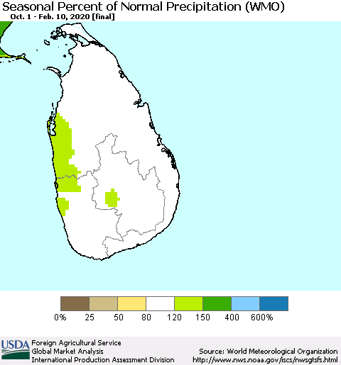 Sri Lanka Seasonal Percent of Normal Precipitation (WMO) Thematic Map For 10/1/2019 - 2/10/2020