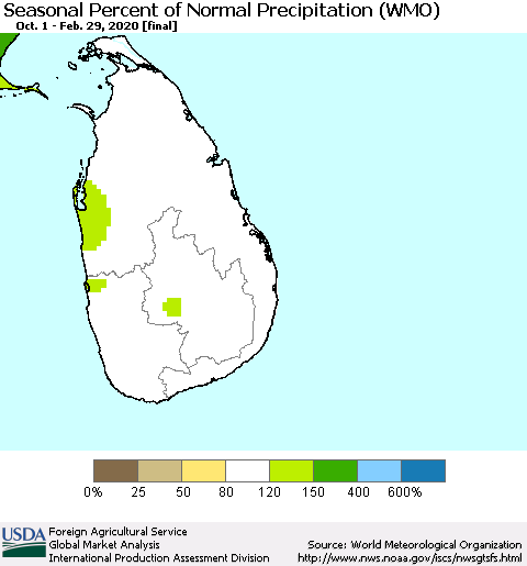 Sri Lanka Seasonal Percent of Normal Precipitation (WMO) Thematic Map For 10/1/2019 - 2/29/2020