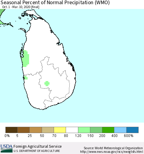 Sri Lanka Seasonal Percent of Normal Precipitation (WMO) Thematic Map For 10/1/2019 - 3/10/2020