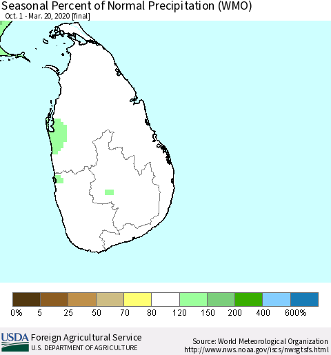 Sri Lanka Seasonal Percent of Normal Precipitation (WMO) Thematic Map For 10/1/2019 - 3/20/2020