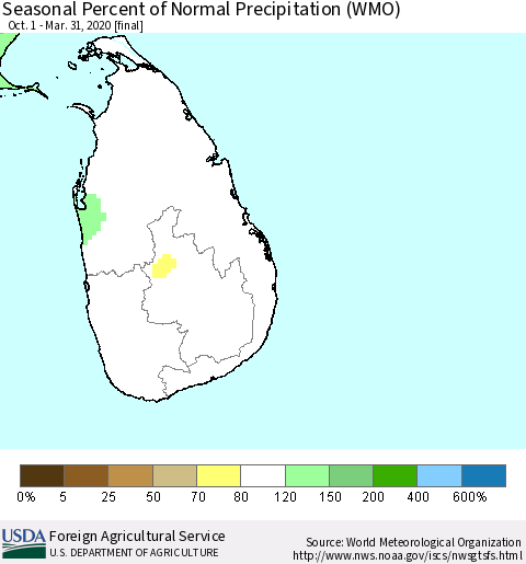 Sri Lanka Seasonal Percent of Normal Precipitation (WMO) Thematic Map For 10/1/2019 - 3/31/2020