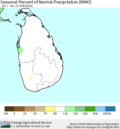 Sri Lanka Seasonal Percent of Normal Precipitation (WMO) Thematic Map For 10/1/2019 - 4/10/2020