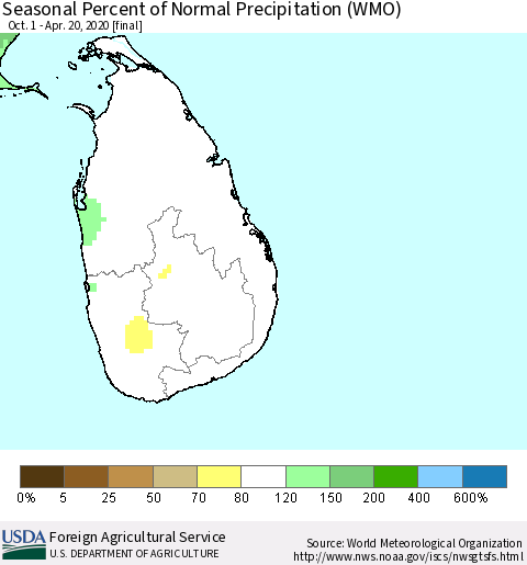 Sri Lanka Seasonal Percent of Normal Precipitation (WMO) Thematic Map For 10/1/2019 - 4/20/2020
