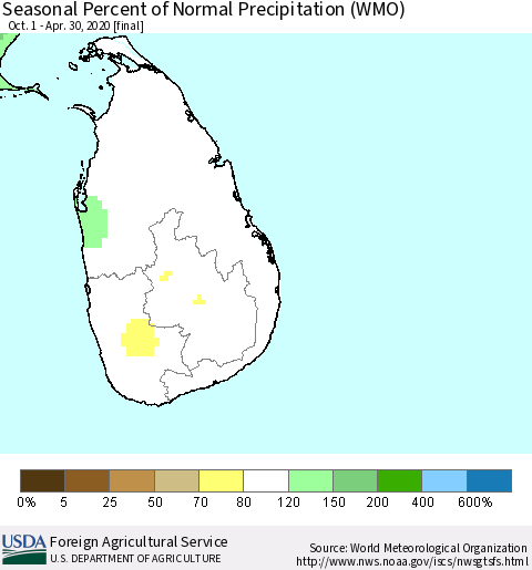 Sri Lanka Seasonal Percent of Normal Precipitation (WMO) Thematic Map For 10/1/2019 - 4/30/2020