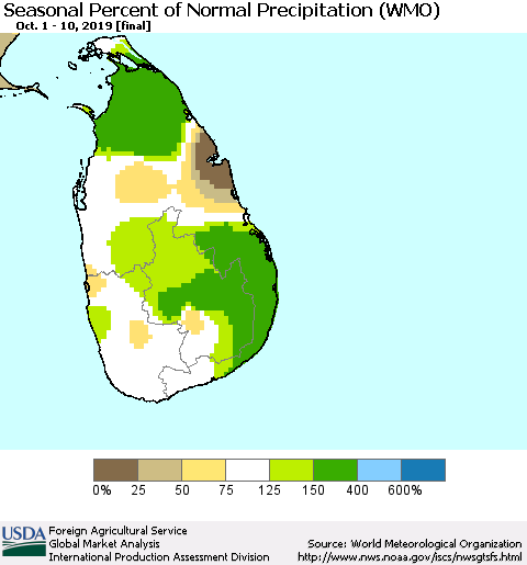Sri Lanka Seasonal Percent of Normal Precipitation (WMO) Thematic Map For 10/1/2019 - 10/10/2019