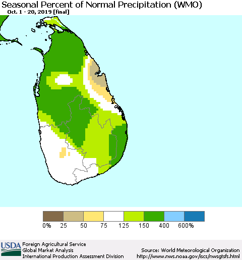 Sri Lanka Seasonal Percent of Normal Precipitation (WMO) Thematic Map For 10/1/2019 - 10/20/2019