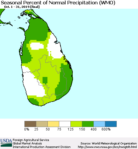 Sri Lanka Seasonal Percent of Normal Precipitation (WMO) Thematic Map For 10/1/2019 - 10/31/2019