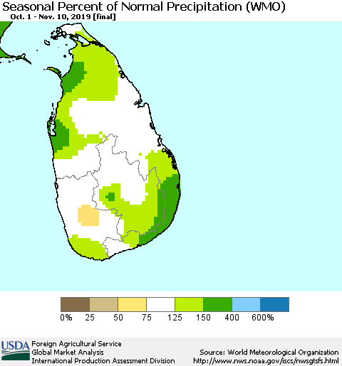Sri Lanka Seasonal Percent of Normal Precipitation (WMO) Thematic Map For 10/1/2019 - 11/10/2019