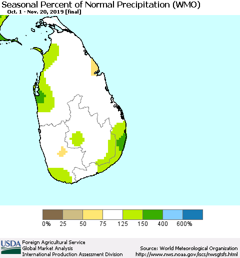 Sri Lanka Seasonal Percent of Normal Precipitation (WMO) Thematic Map For 10/1/2019 - 11/20/2019