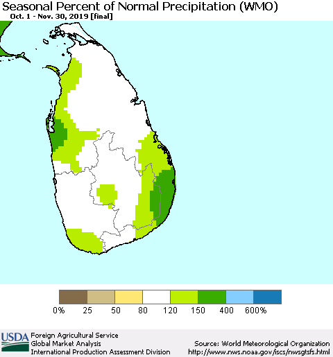Sri Lanka Seasonal Percent of Normal Precipitation (WMO) Thematic Map For 10/1/2019 - 11/30/2019