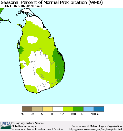 Sri Lanka Seasonal Percent of Normal Precipitation (WMO) Thematic Map For 10/1/2019 - 12/10/2019