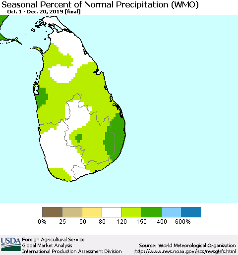Sri Lanka Seasonal Percent of Normal Precipitation (WMO) Thematic Map For 10/1/2019 - 12/20/2019
