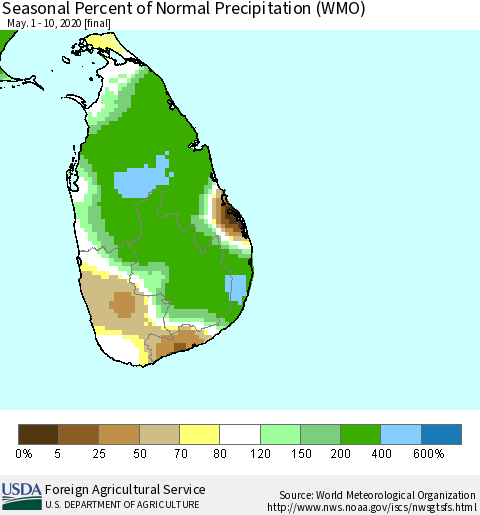 Sri Lanka Seasonal Percent of Normal Precipitation (WMO) Thematic Map For 5/1/2020 - 5/10/2020