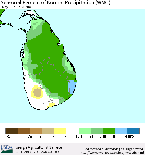 Sri Lanka Seasonal Percent of Normal Precipitation (WMO) Thematic Map For 5/1/2020 - 5/20/2020