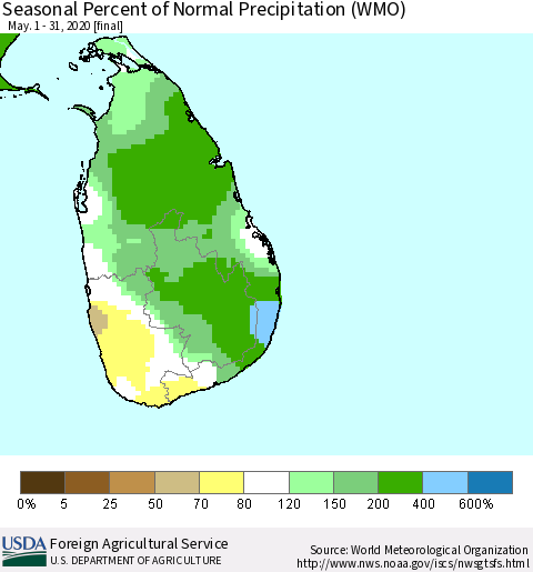 Sri Lanka Seasonal Percent of Normal Precipitation (WMO) Thematic Map For 5/1/2020 - 5/31/2020