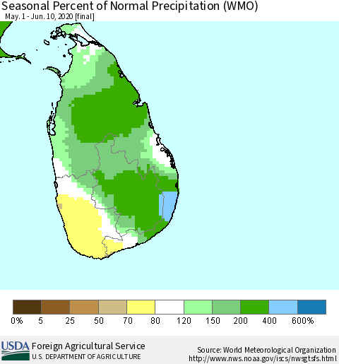 Sri Lanka Seasonal Percent of Normal Precipitation (WMO) Thematic Map For 5/1/2020 - 6/10/2020