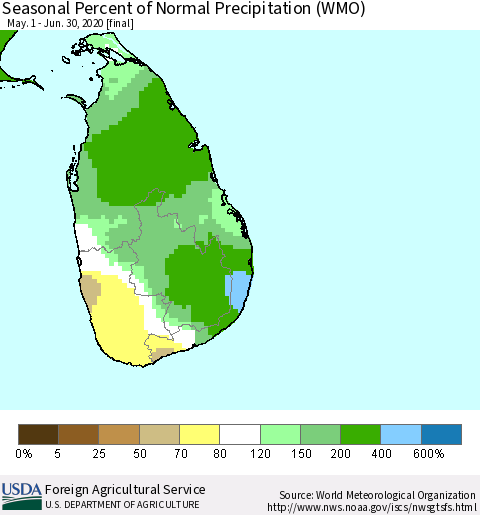 Sri Lanka Seasonal Percent of Normal Precipitation (WMO) Thematic Map For 5/1/2020 - 6/30/2020