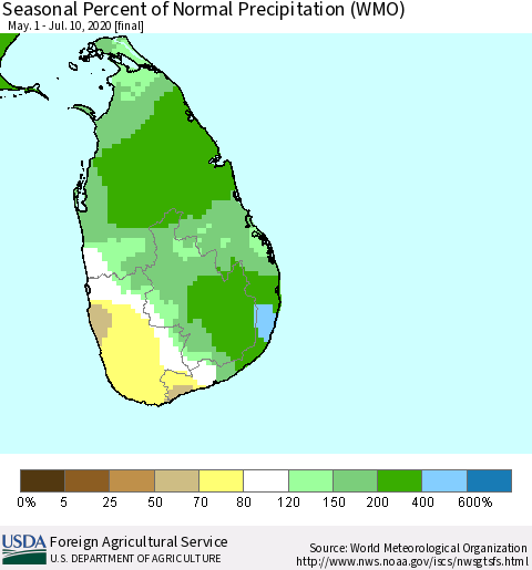 Sri Lanka Seasonal Percent of Normal Precipitation (WMO) Thematic Map For 5/1/2020 - 7/10/2020