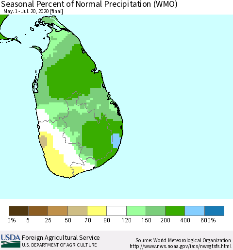 Sri Lanka Seasonal Percent of Normal Precipitation (WMO) Thematic Map For 5/1/2020 - 7/20/2020