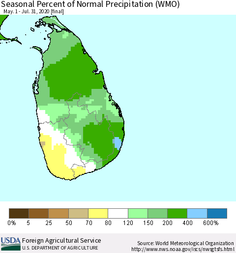 Sri Lanka Seasonal Percent of Normal Precipitation (WMO) Thematic Map For 5/1/2020 - 7/31/2020