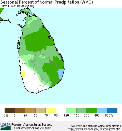 Sri Lanka Seasonal Percent of Normal Precipitation (WMO) Thematic Map For 5/1/2020 - 8/10/2020