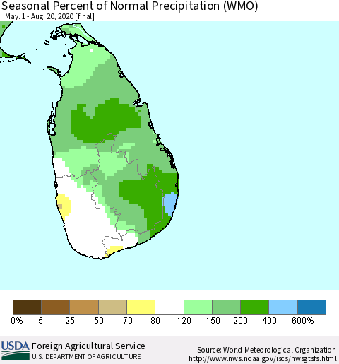 Sri Lanka Seasonal Percent of Normal Precipitation (WMO) Thematic Map For 5/1/2020 - 8/20/2020