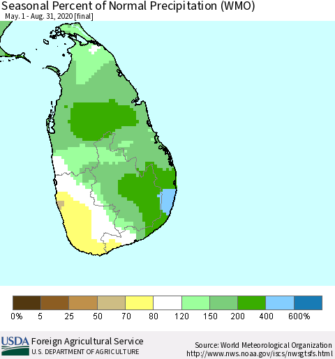 Sri Lanka Seasonal Percent of Normal Precipitation (WMO) Thematic Map For 5/1/2020 - 8/31/2020
