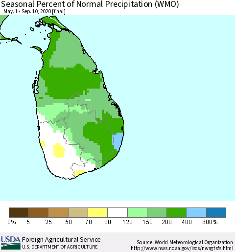 Sri Lanka Seasonal Percent of Normal Precipitation (WMO) Thematic Map For 5/1/2020 - 9/10/2020