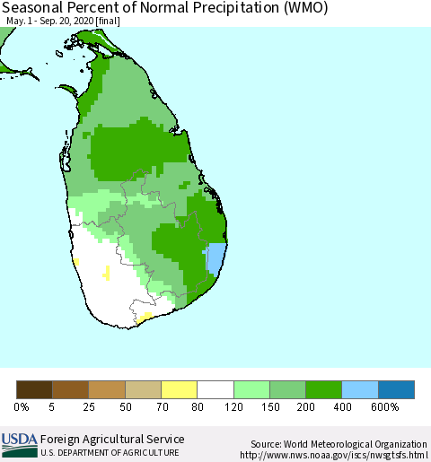 Sri Lanka Seasonal Percent of Normal Precipitation (WMO) Thematic Map For 5/1/2020 - 9/20/2020