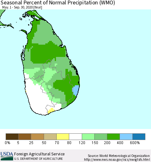 Sri Lanka Seasonal Percent of Normal Precipitation (WMO) Thematic Map For 5/1/2020 - 9/30/2020