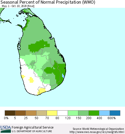 Sri Lanka Seasonal Percent of Normal Precipitation (WMO) Thematic Map For 5/1/2020 - 10/10/2020