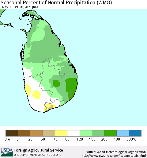 Sri Lanka Seasonal Percent of Normal Precipitation (WMO) Thematic Map For 5/1/2020 - 10/20/2020