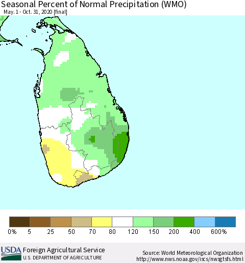 Sri Lanka Seasonal Percent of Normal Precipitation (WMO) Thematic Map For 5/1/2020 - 10/31/2020