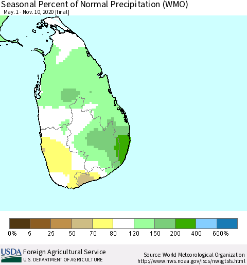 Sri Lanka Seasonal Percent of Normal Precipitation (WMO) Thematic Map For 5/1/2020 - 11/10/2020