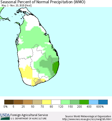 Sri Lanka Seasonal Percent of Normal Precipitation (WMO) Thematic Map For 5/1/2020 - 11/20/2020