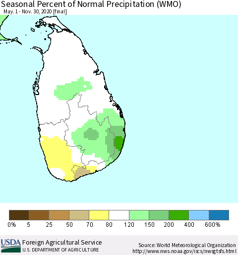 Sri Lanka Seasonal Percent of Normal Precipitation (WMO) Thematic Map For 5/1/2020 - 11/30/2020