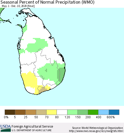 Sri Lanka Seasonal Percent of Normal Precipitation (WMO) Thematic Map For 5/1/2020 - 12/10/2020