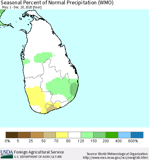 Sri Lanka Seasonal Percent of Normal Precipitation (WMO) Thematic Map For 5/1/2020 - 12/20/2020