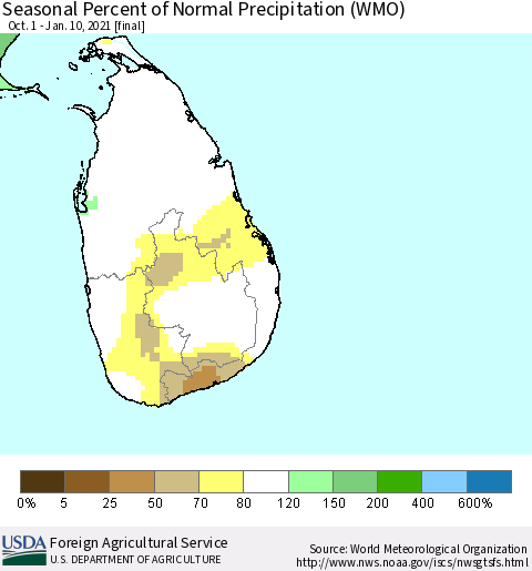 Sri Lanka Seasonal Percent of Normal Precipitation (WMO) Thematic Map For 10/1/2020 - 1/10/2021