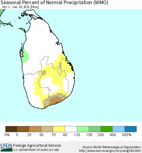 Sri Lanka Seasonal Percent of Normal Precipitation (WMO) Thematic Map For 10/1/2020 - 1/20/2021