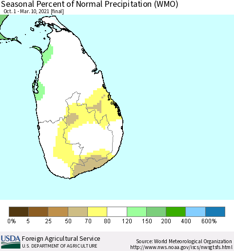 Sri Lanka Seasonal Percent of Normal Precipitation (WMO) Thematic Map For 10/1/2020 - 3/10/2021