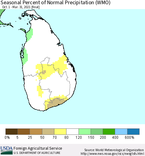 Sri Lanka Seasonal Percent of Normal Precipitation (WMO) Thematic Map For 10/1/2020 - 3/31/2021
