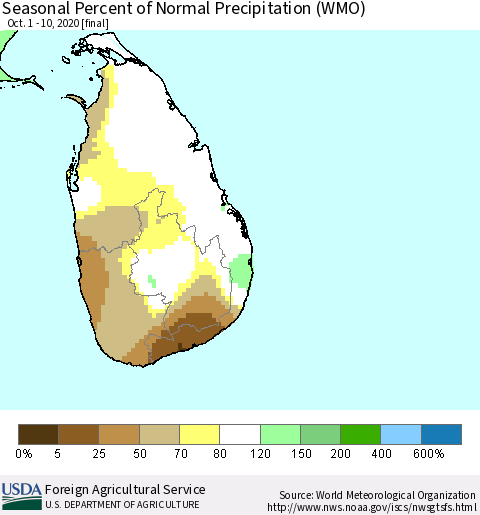 Sri Lanka Seasonal Percent of Normal Precipitation (WMO) Thematic Map For 10/1/2020 - 10/10/2020