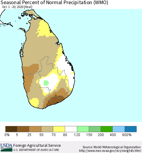 Sri Lanka Seasonal Percent of Normal Precipitation (WMO) Thematic Map For 10/1/2020 - 10/20/2020