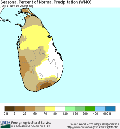 Sri Lanka Seasonal Percent of Normal Precipitation (WMO) Thematic Map For 10/1/2020 - 11/10/2020